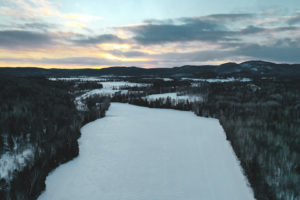 Forêt sous la neige lors du coucher de soleil au Québec en hiver